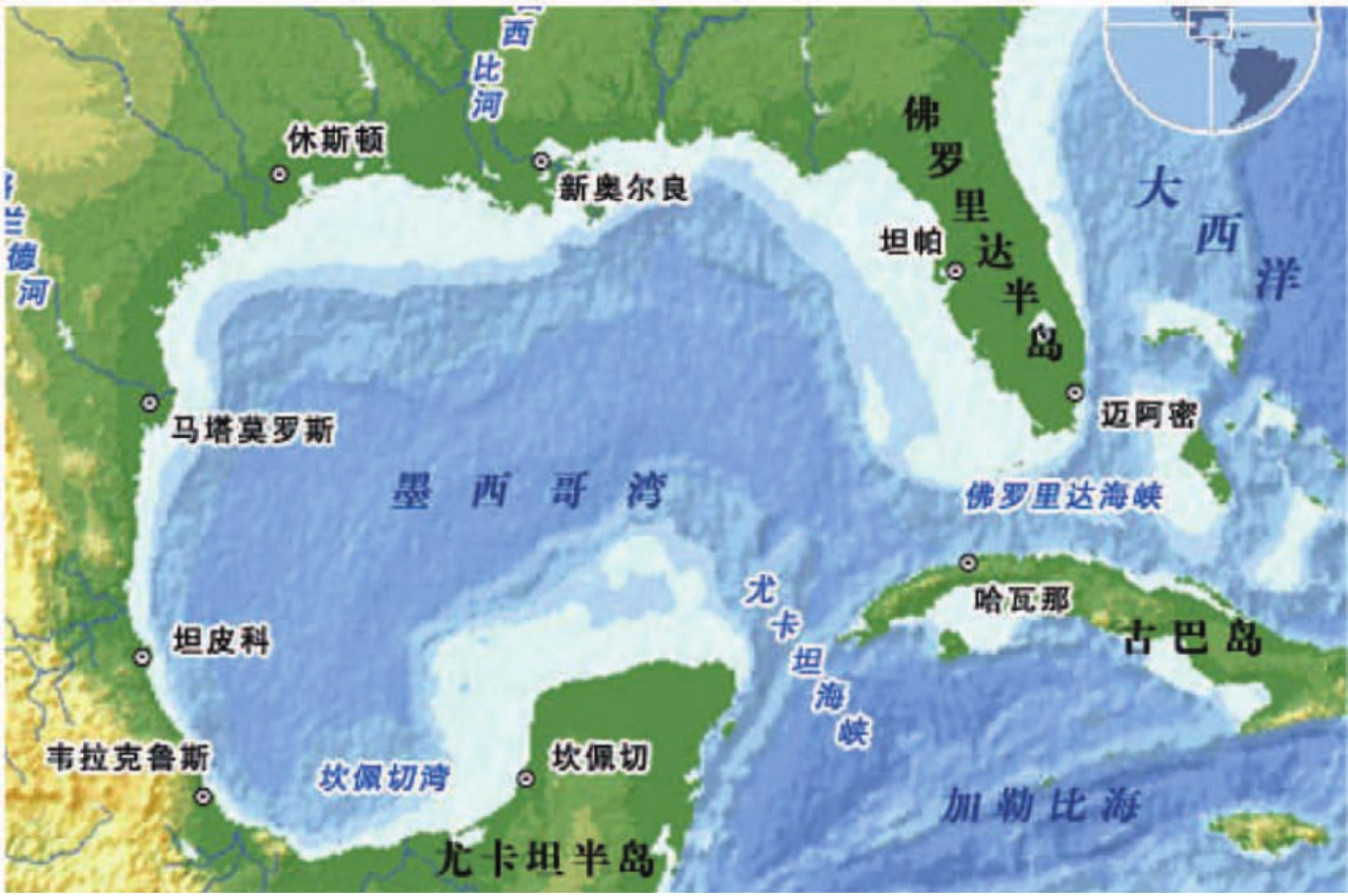 东南则并经由尤卡坦半岛和古巴之间的尤卡坦海峡与加勒比海相通