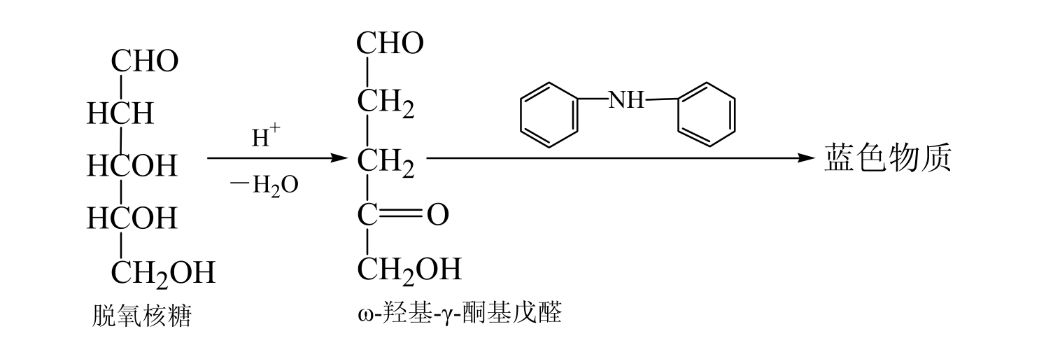 脱氧核糖在酸性条件下脱水生成ω-羟基-γ-酮基戊醛,可与二苯胺作用呈