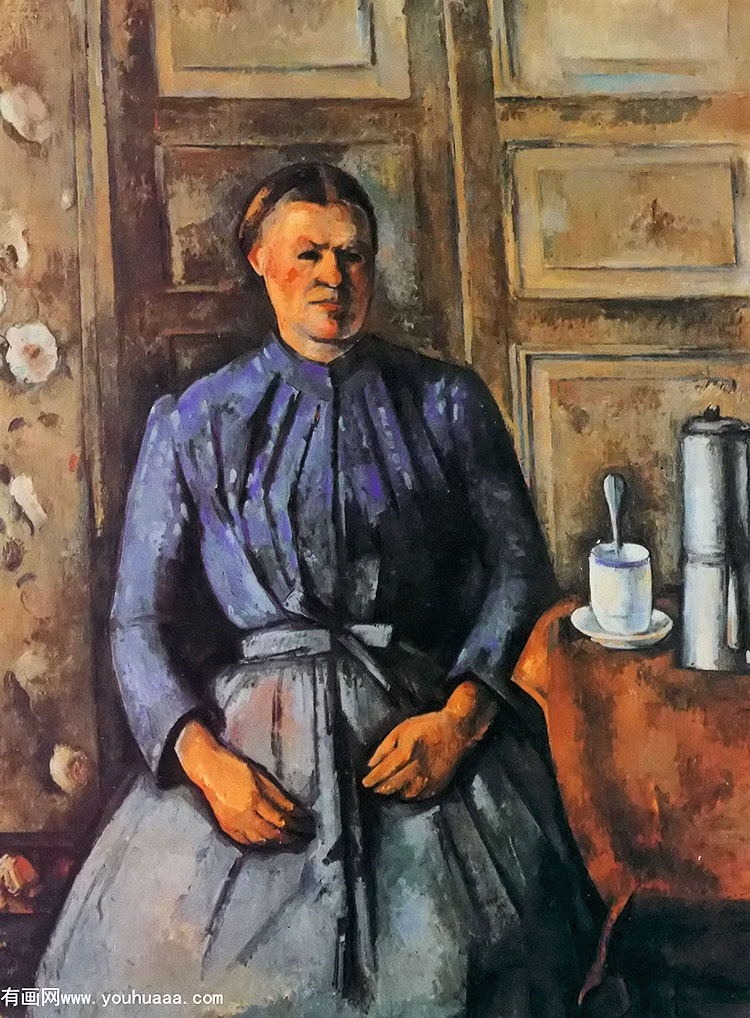 油画：咖啡壶边的妇女，画家：塞尚